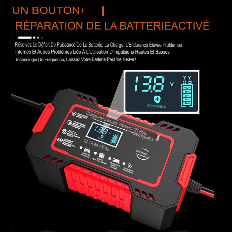 Chargeur de batterie auto-moto avec écran LCD, 12V, 6A, charge rapide avec réparation intelligente, 10ah jusqu'à 300 ampères