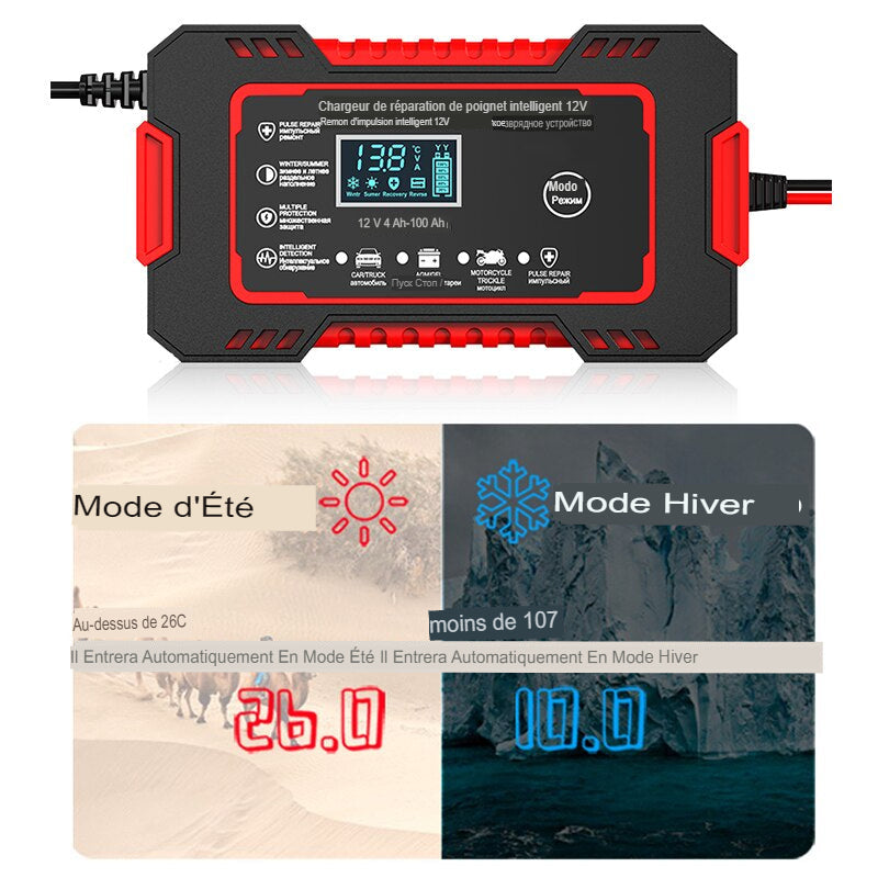 Chargeur de batterie auto-moto avec écran LCD, 12V, 6A, charge rapide avec réparation intelligente, 10ah jusqu'à 300 ampères