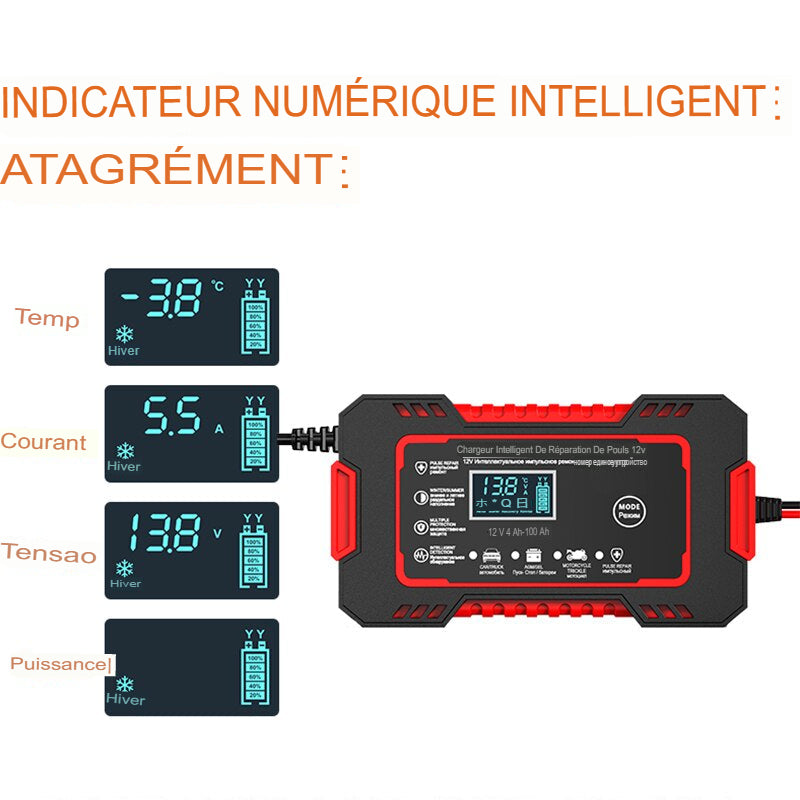 Chargeur de batterie auto-moto avec écran LCD, 12V, 6A, charge rapide avec réparation intelligente, 10ah jusqu'à 300 ampères